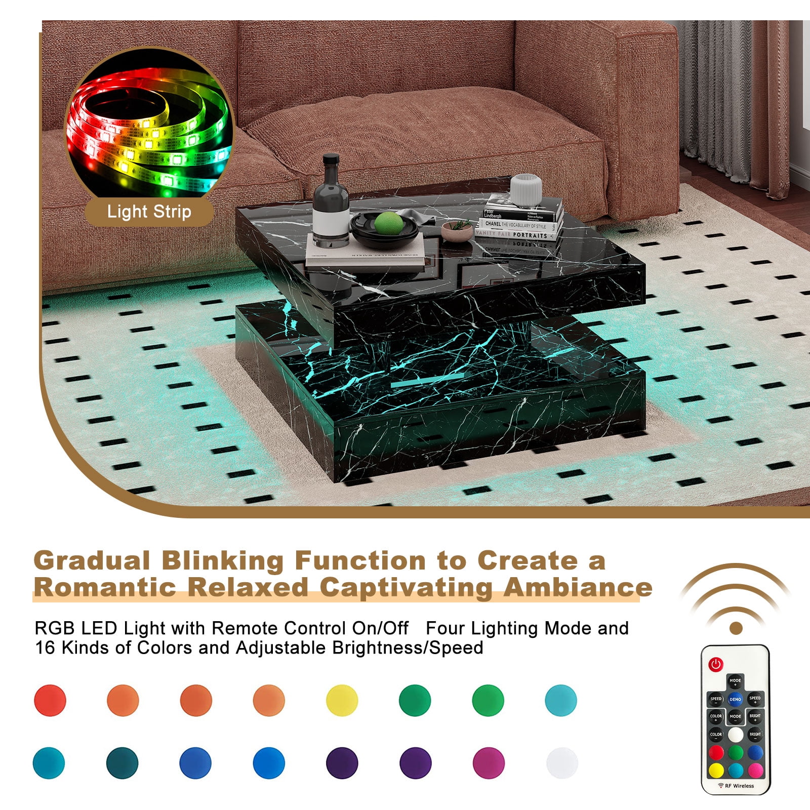 Hironpal Hironpal Modern Black Marble Square LED Coffee Table - 2-Tier Storage, 20-Color LED Light, Contemporary Glossy Cocktail Tea Table for Home Office Reception