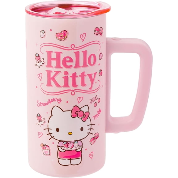 Sanrio Hello Kitty Strawberry Milk Double Wall Stainless Steel Travel Mug With Handle, 15 Ounces