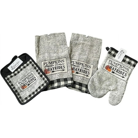 

4 pc Fall Kitchen Set w/Kitchen Towels Oven Mitt Holder - Buffalo Plaid Kitchen Set Pumpkin Cider Hayrides Fall Kitchen Decor Set - Comes in an Organza Bag so It s Ready for Giving