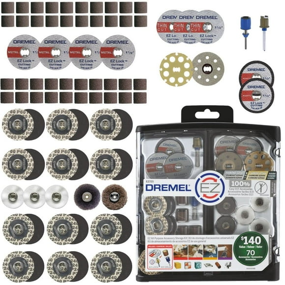 Dremel EZ725 Ensemble d'Accessoires Rotatifs Tout Usage 70 Pcs avec Kit de Rangement - EZ-Lock et EZ Tambour pour des Changements d'Accessoires Plus Rapides - Parfait pour Couper, Polir, Nettoyer et Poncer