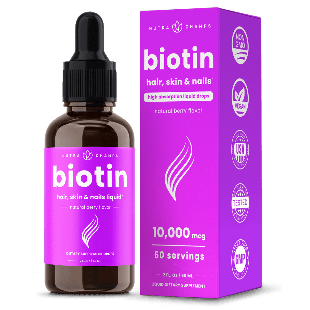 NutraChamps Liquid Biotin 10000mcg Drops | Liquid Biotin for Hair Growth,  Nails & Skin | Organic Berry Flavor Biotin Drops for Women & Men | High  Concentration, Vegan, Sugar-Free Biotin Supplement | 