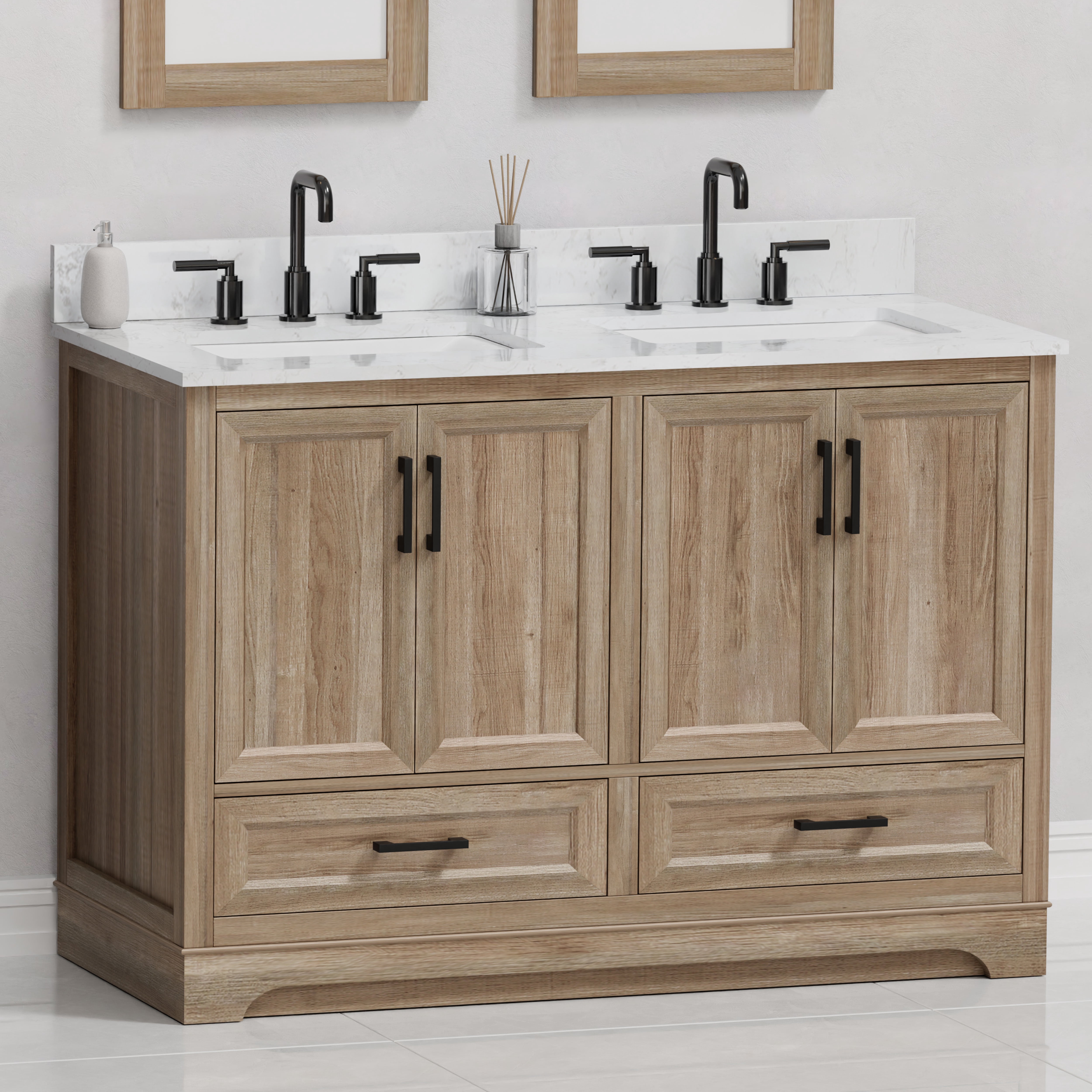Retford 48" Double Bathroom Vanity, 49" W x 22" D x 34.5" H, Carrara White Engineered Marble Top with 2 Sinks & Backsplash, Light Wood, MDF, Pre-Assembled, Soft-Closing Drawers and Doors.