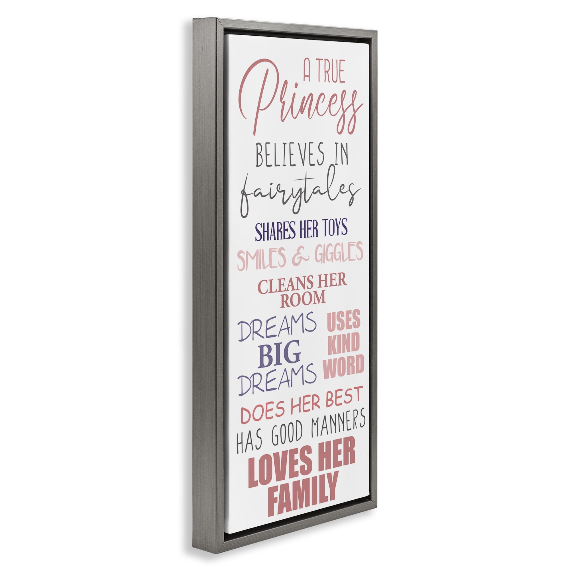 Stupell Industries Inspiring True Princess Rules Inspirational Painting Gray Floater Framed Canvas Art Print Wall Art, 15 x 31