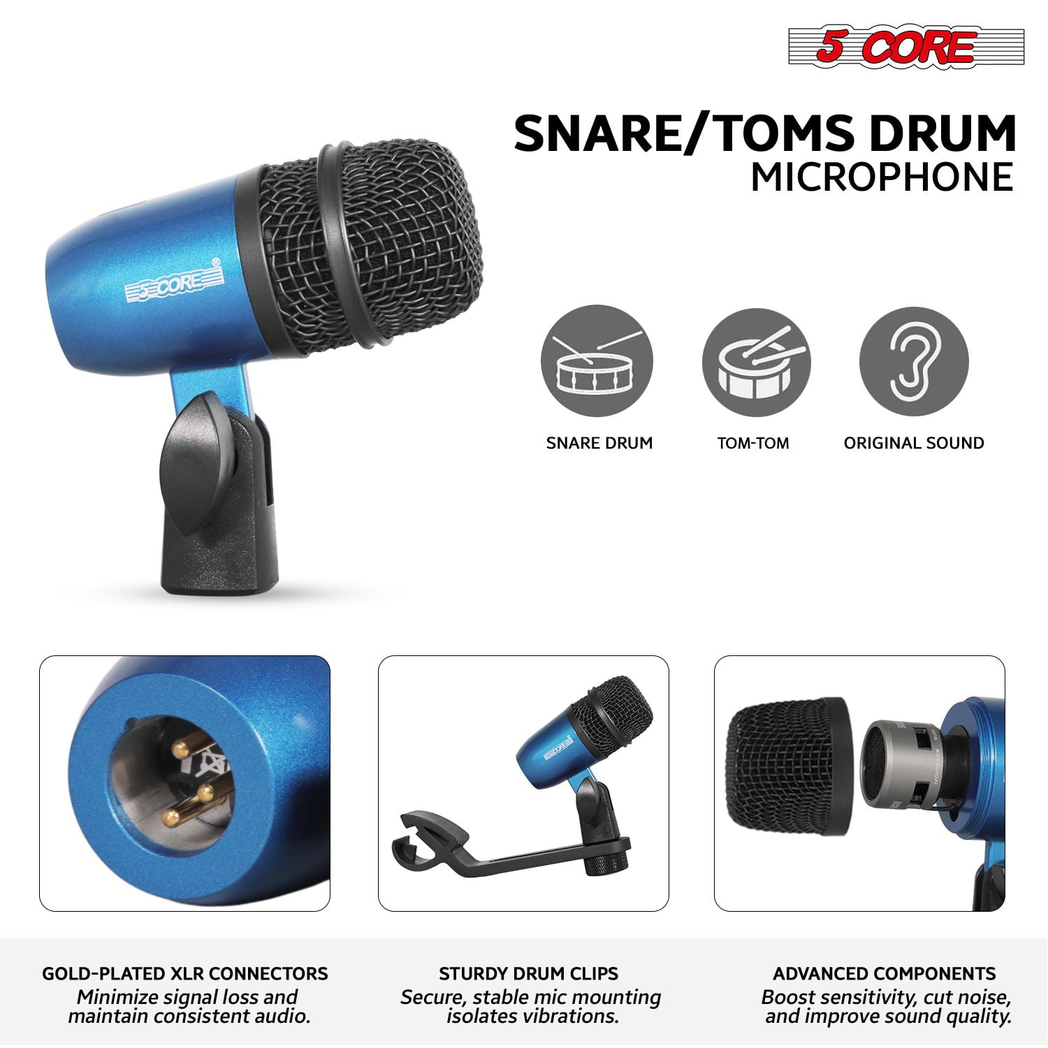 7-Piece All-Metal Drum Microphone Kit for Tom, Snare & Cymbals, Professional Wired Instrument Mics for Studio & Live Performance