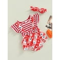 thumbnail image 3 of Bagilaanoe 2Pcs Baby Girls 4th of July Outfits Striped Star Print Flying Sleeve Layered Romper Dress + Hairband for 0-18 Months, 3 of 9