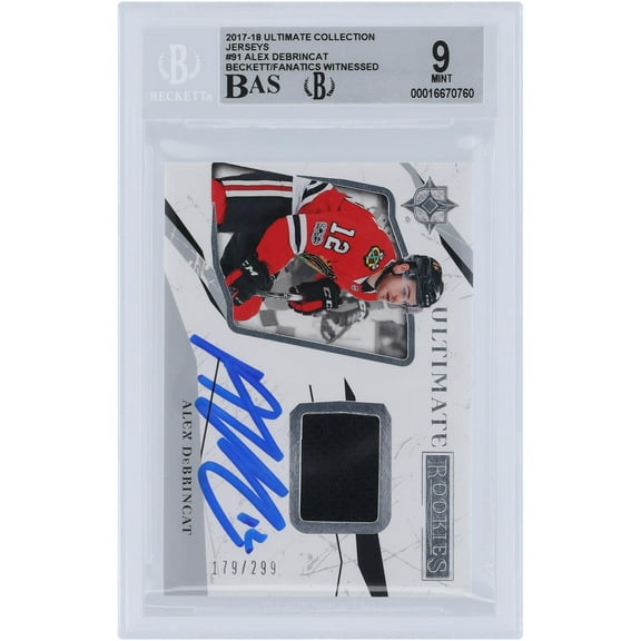 Alex DeBrincat Chicago Blackhawks Autographed 2017-18 Upper Deck Ultimate Collection Jerseys Black Relic #91 #/299 Beckett Fanatics Witnessed Authenticated 9/10 Rookie Card - Fanatics Authentic