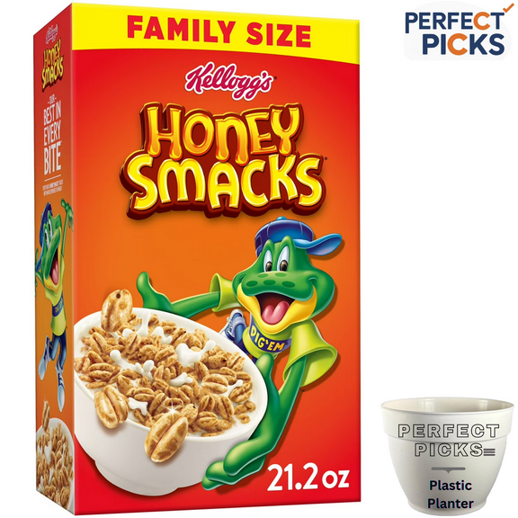 Kellogg's Honey Smacks Cold Breakfast Cereal, Made with Whole Grain, Kids Snacks, Family Size, Original, 21.2oz Box (1 Box),‌Includes 1 Plastic Planter