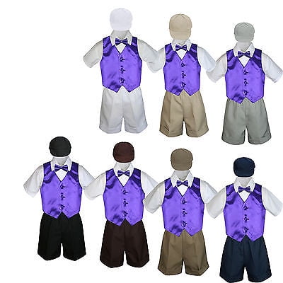 

5pc Boy Toddler Formal Purple Vest Bow Tie Black Navy Gray White Hat Shorts S-4T
