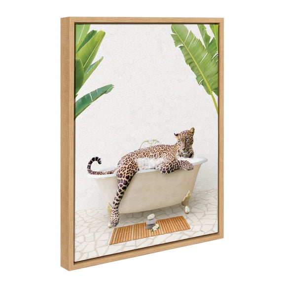Kate and Laurel Sylvie Leopard in Bali Bath Framed Canvas Wall Art by Amy Peterson Art Studio, 18x24 Natural, Cute Animal Bathtub Art for Wall