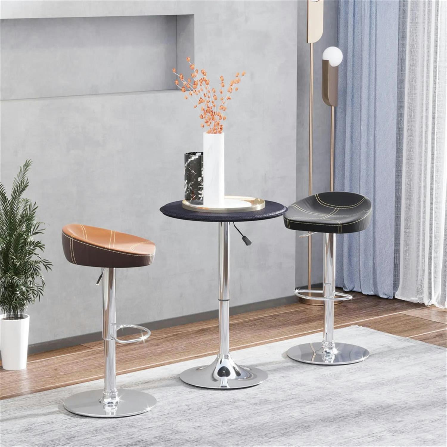 Demi Bonn 36" Outdoor Bistro Tables Faux Leather Chrome Round Pub Table Adjustable Height Cocktail Table Metal Base, Black