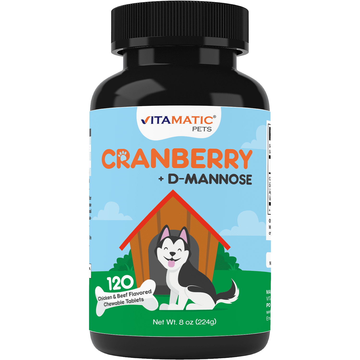 Vitamatic Cranberry for Dogs - 120 Chewable Tablets - Added D-Mannose, Apple Cider, Vitamin C for Urinary Tract Support, Bladder Support for Dogs