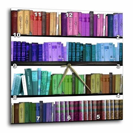 3dRose Colorful bookshelf books - Rainbow bookshelves - reading book geek library nerd - librarian author, Wall Clock, 15 by 15-inch