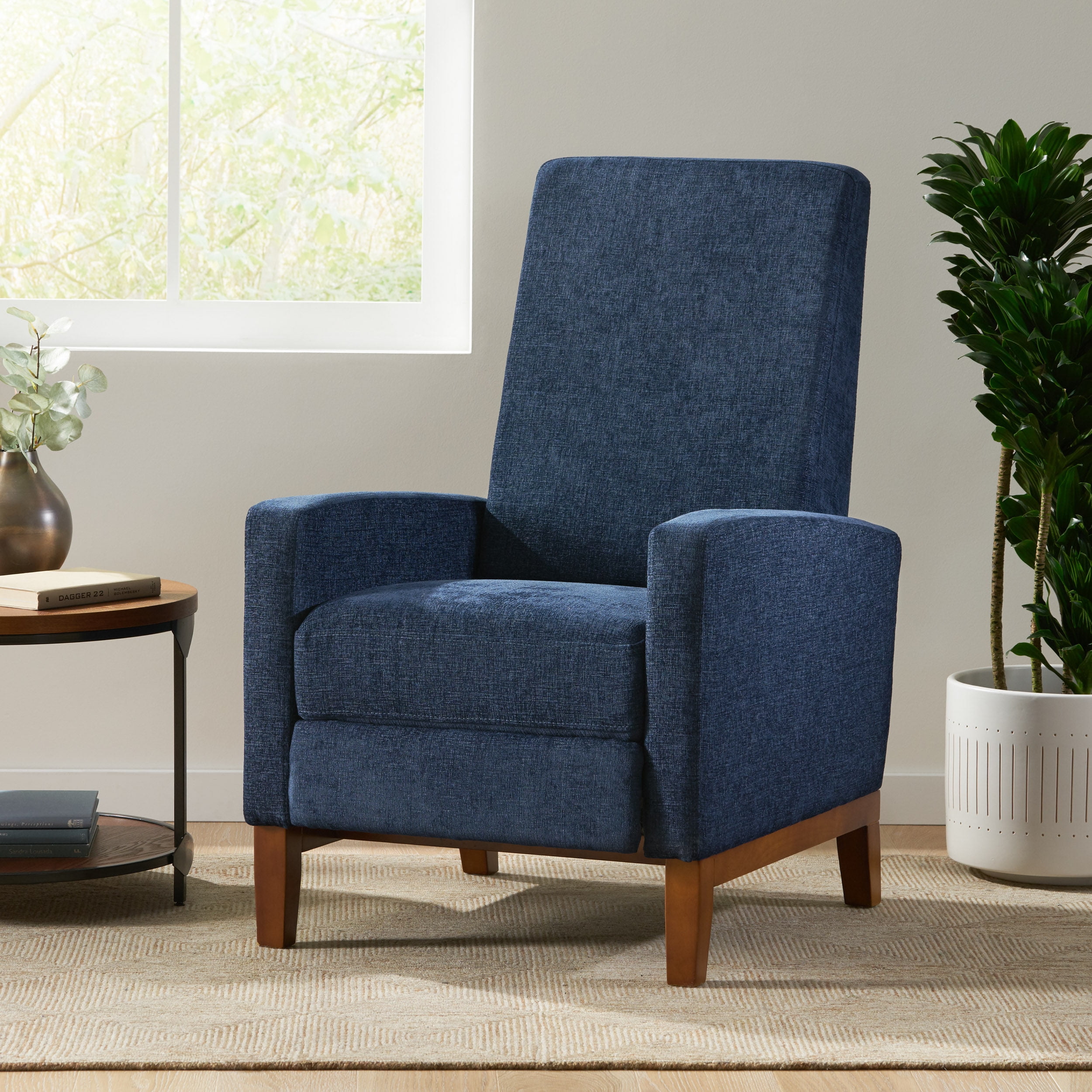 Noble House Andrea Fabric Pushback Recliner, Navy Blue and Brown