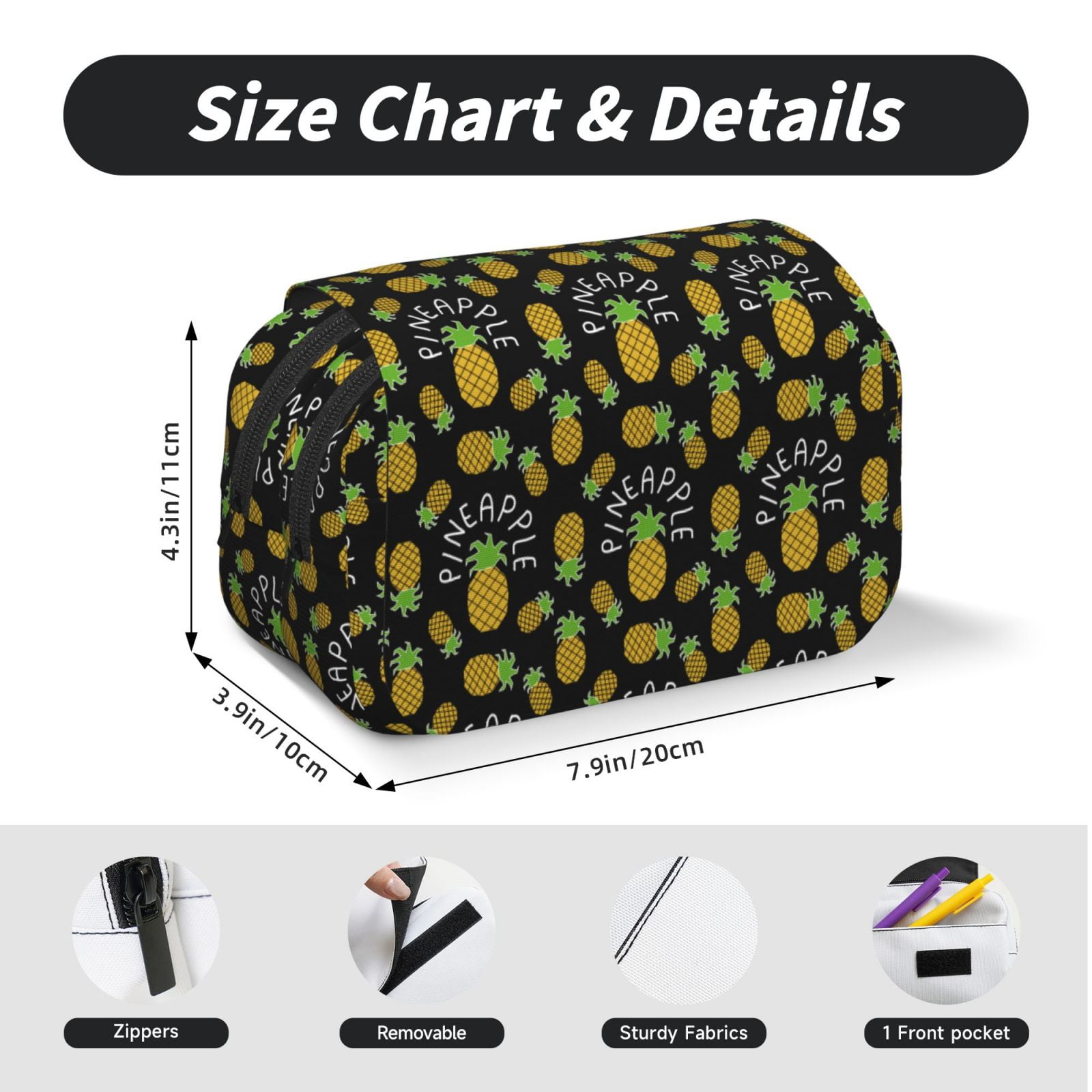 Rateoe Pineapple Pattern Double Clamshell Pen Case, Storage Organizer with Two Zipper Compartments– Holds Up to 50 Pencils & Pens