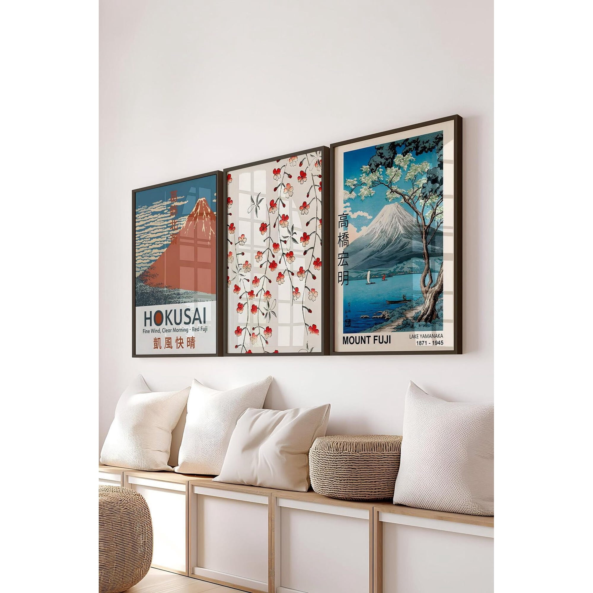 Set Of 3 Japanese Landscapes Wall Art Prints Mount Fuji Floral Pattern Botanical Bedroom And Living Room Decor