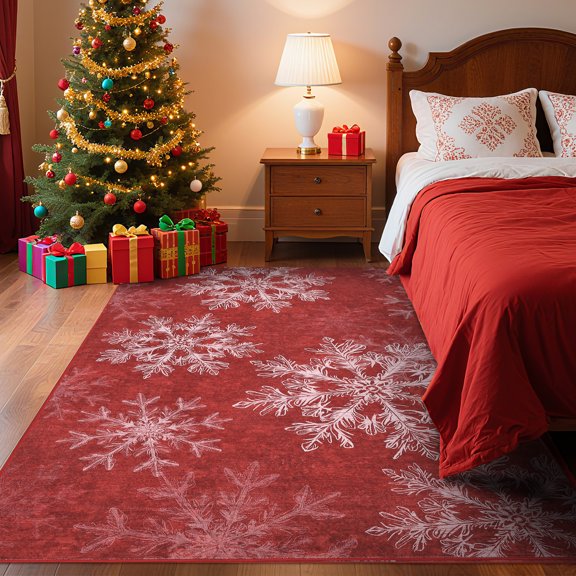 Hasoo Christmas Home Decor Snowflake Pattern Area Rug Washable 5' x 7' Modern Throw Rug for Living Room Indoor Red Carpet