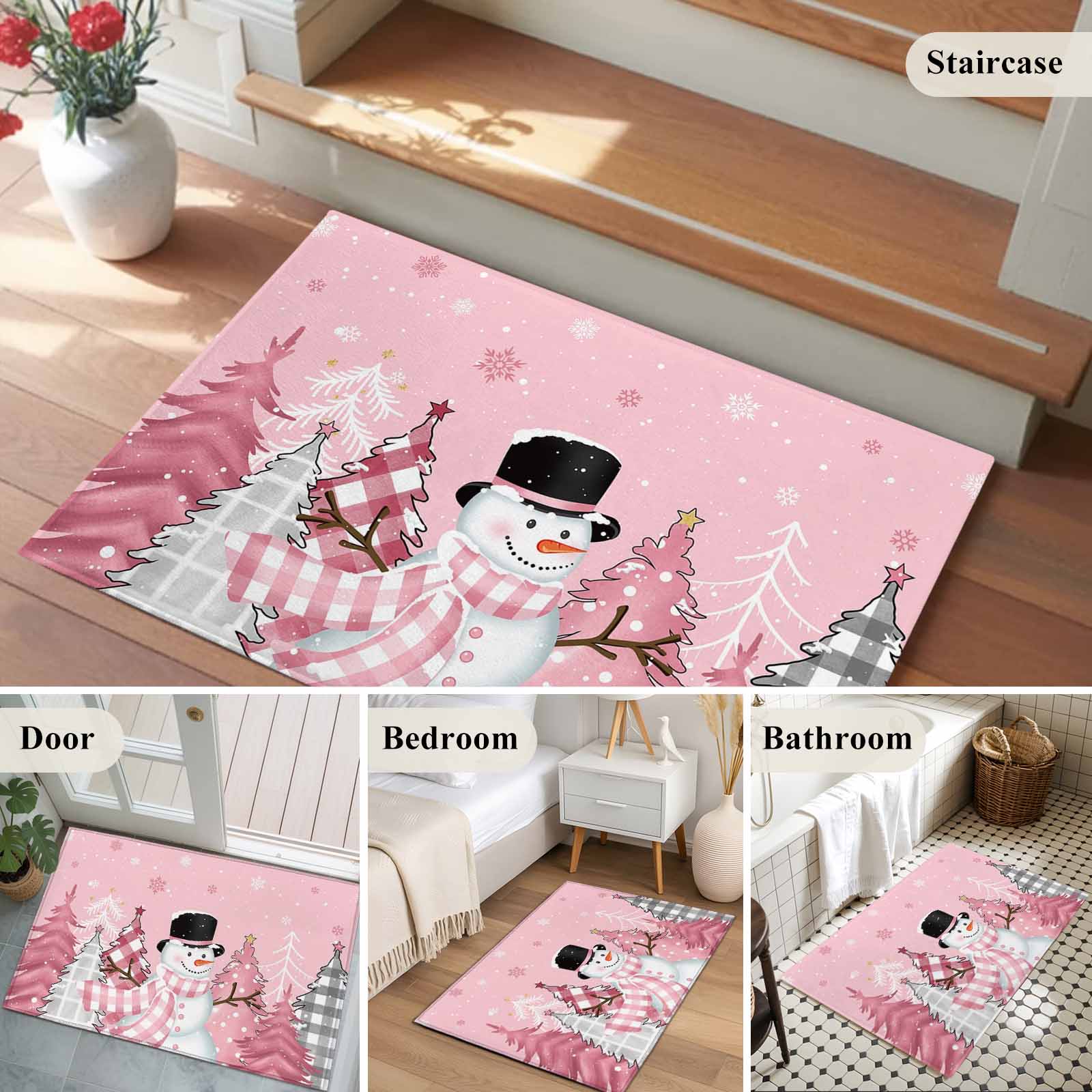 Pink Snowman Christmas Bathroom Mat 2x3 FT, Non Slip Small Kitchen Mat, Winter Snowflake Xmas Tree Pink Grey Plaid Washable Soft Backed Front Door Throw Rug Indoor Outdoor Doormat for Entryway Sink