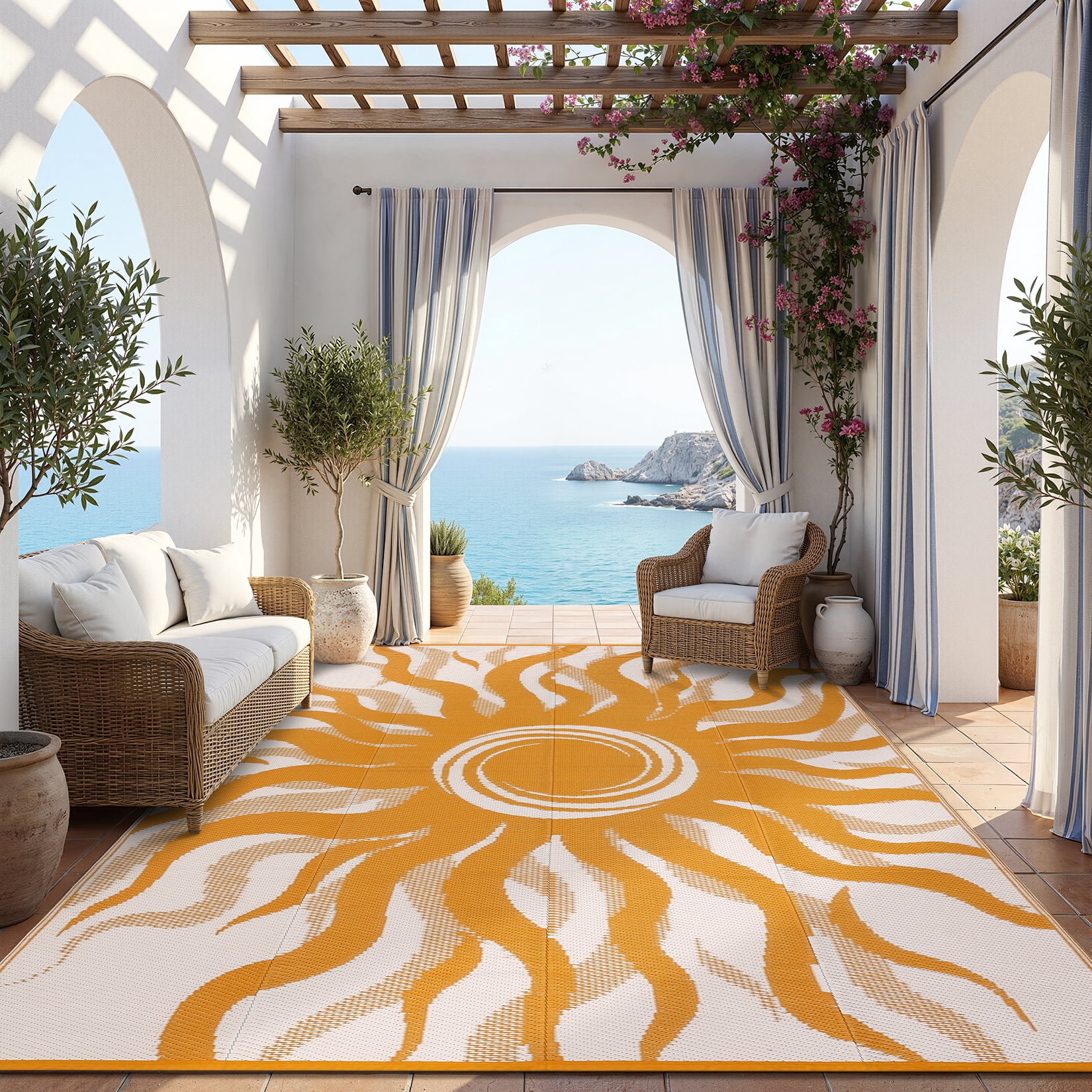 Garvee 9x12ft Outdoor Rug Waterproof Reversible Plastic Straw Rug, Modern Boho Sun Pattern Rug, Large RV Camping Mat Portable Outdoor Carpet for Patio, Balcony, Picnic, Beach, Deck, Orange