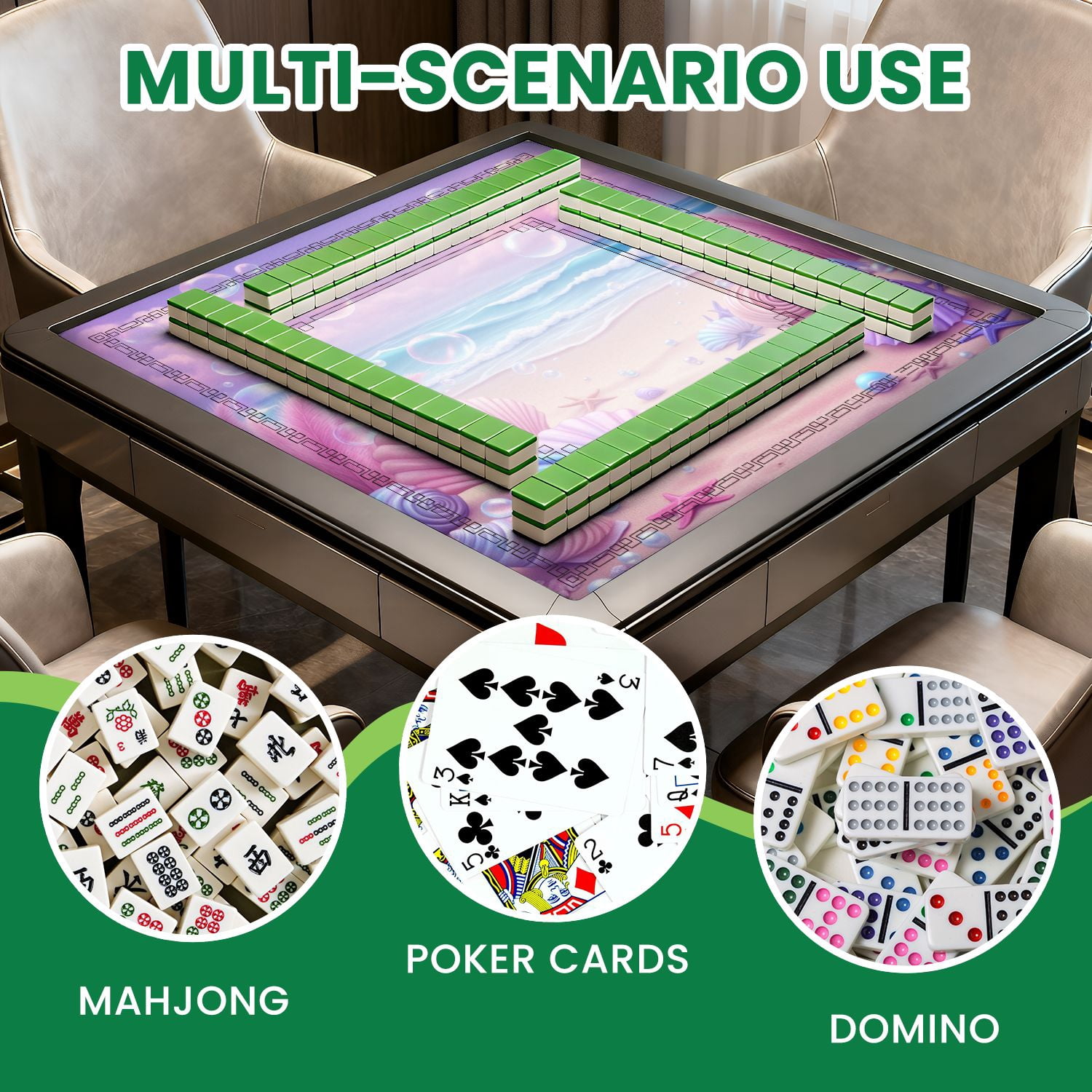 Mahjong Mat 31.5" x 31.5" Pastel Seashells Starfish Sandy Beach Bubbles Ocean Waves Non-Slip Noise Reduction American Mahjong Tiles Table Cover for Dominoes Poker Card Board Games Gift