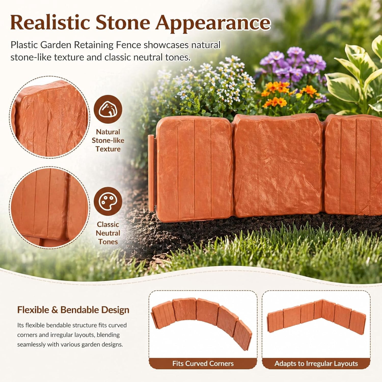Plastic Garden Retaining Fence with Stakes, Imitation Stone Garden Fence for Flower Beds, No-Dig Interlocking Landscape Edging for Flower Beds, Pathways, and Lawns(10 Pcs)