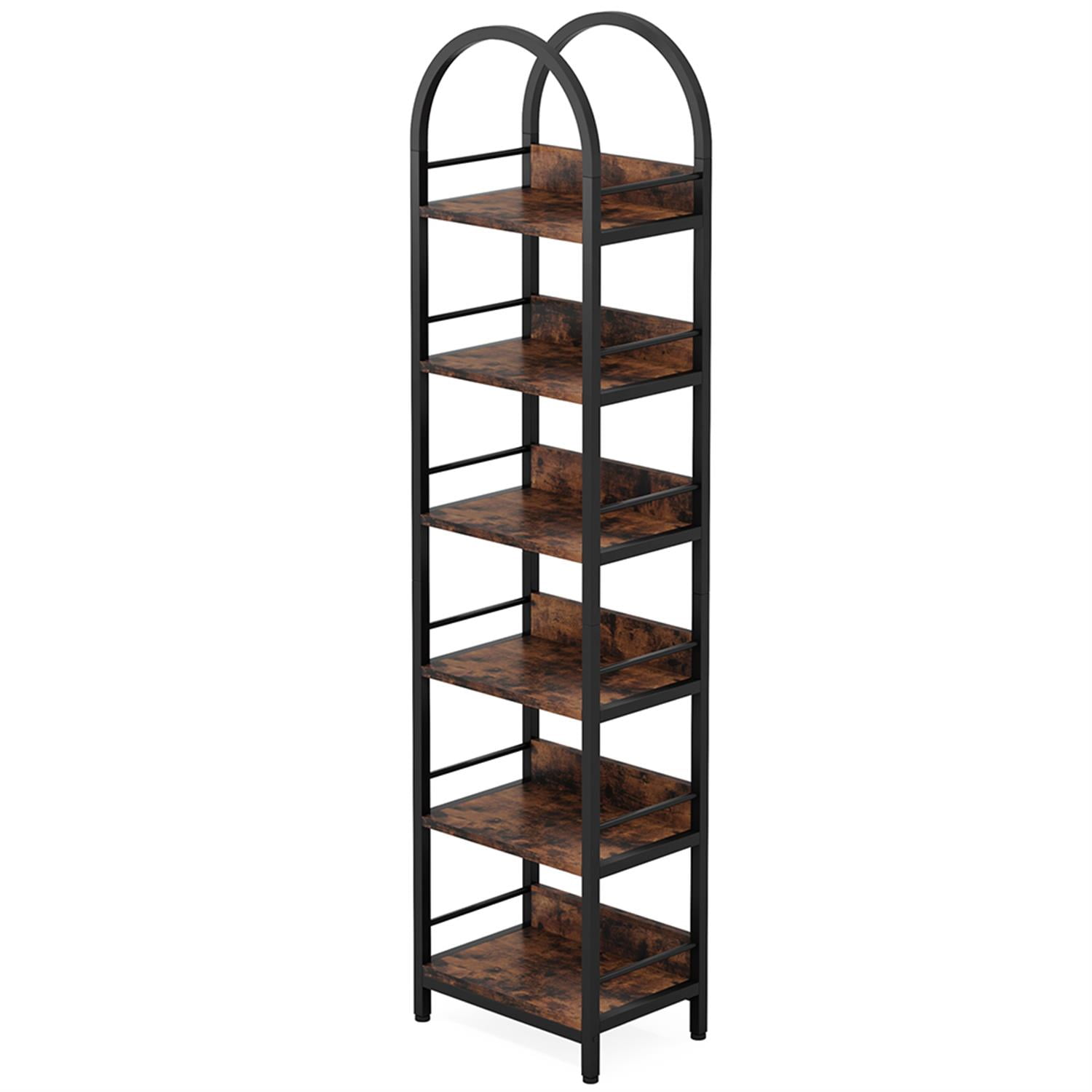 Demi Bonn 6 Tier Narrow Bookshelf, Wood and Metal Bookcase Storage Organizer, Arched Display Standing Shelf Unit for Bedroom, Living Room, Brown