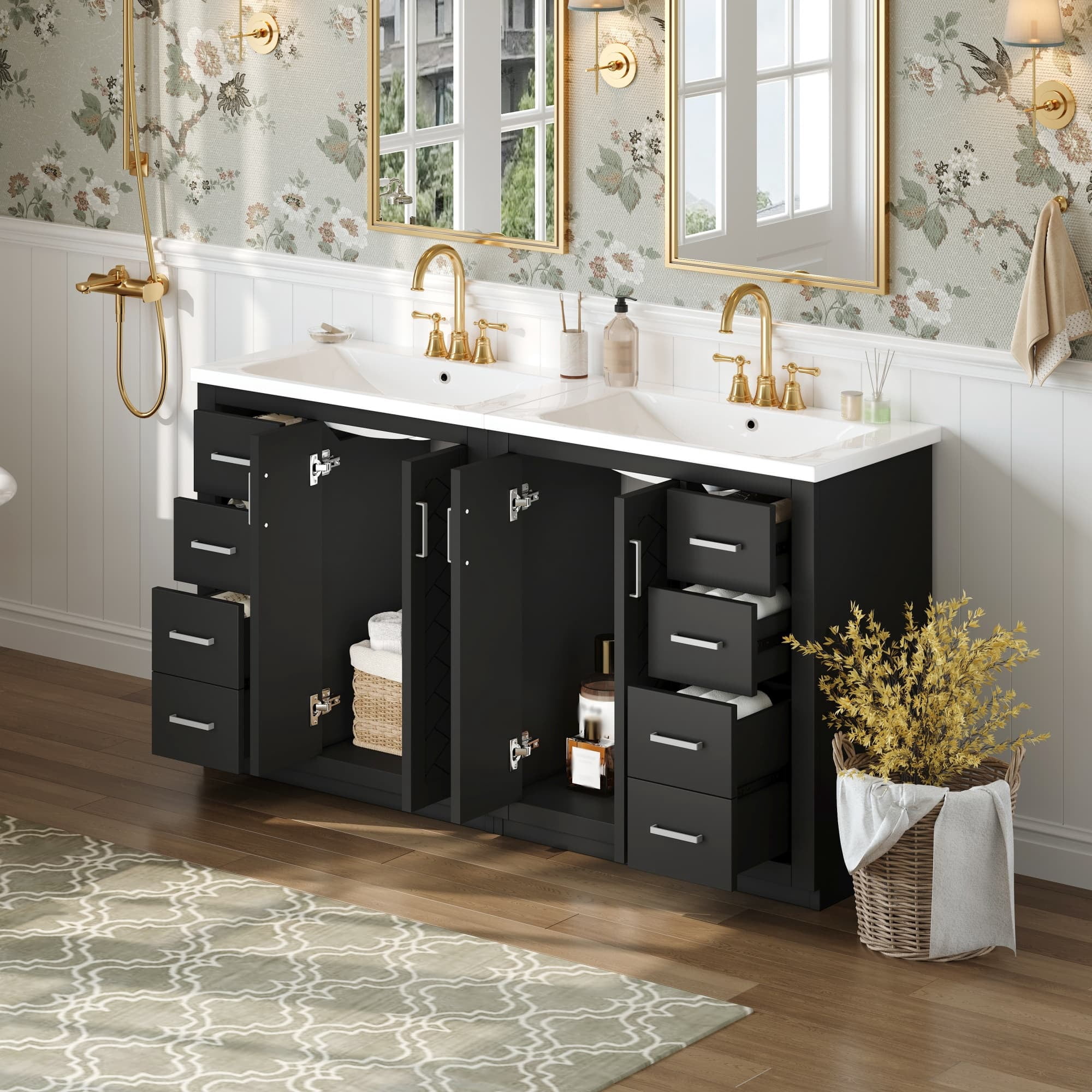 Euroco 60'' Bathroom Vanity with Ceramic Sink Combo,Solid Wood Frame Bathroom Storage Cabinet, Freestanding Vanity Set with 3 Drawers& Soft Closing Doors
