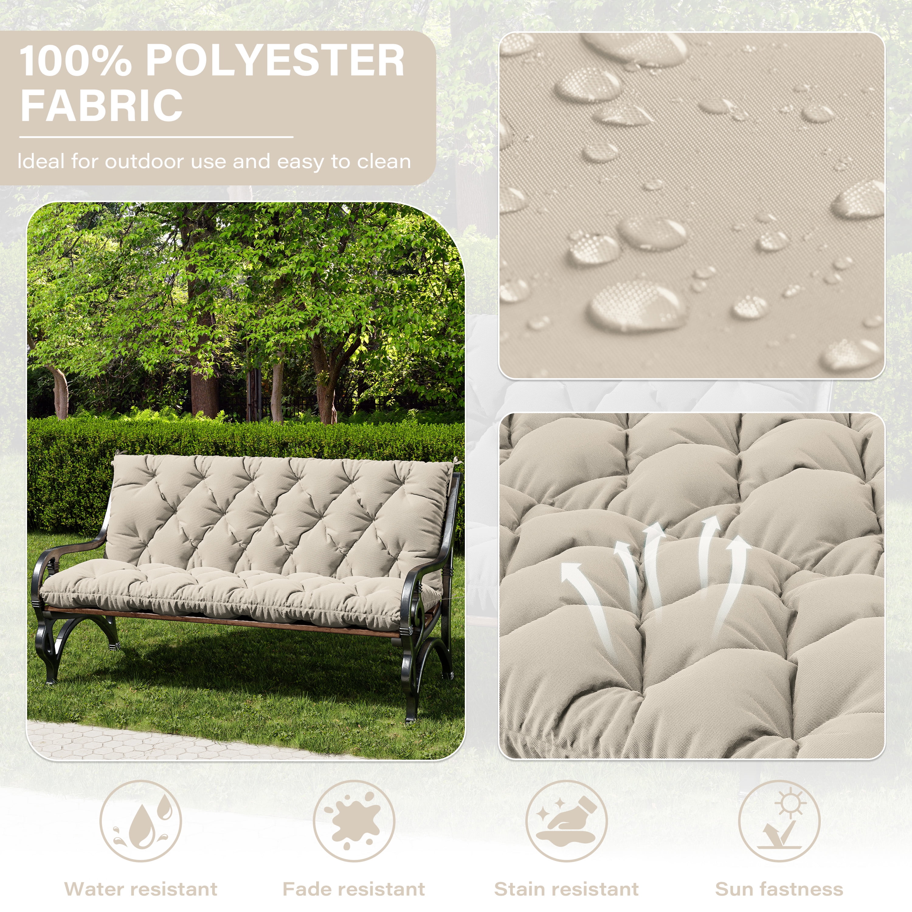 Snubbull Swing Replacement Cushion, Outside Bench Cushion with Backrest, 2-3 Seater Cushion with 6 Ties for Outdoor Furniture, 60 x 40 x 5 Inches Porch SwingCushion Garden Bench, Cream