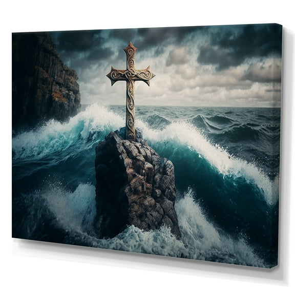 Designart Religious Cross In The Ocean Breaking Waves II Canvas Wall Art