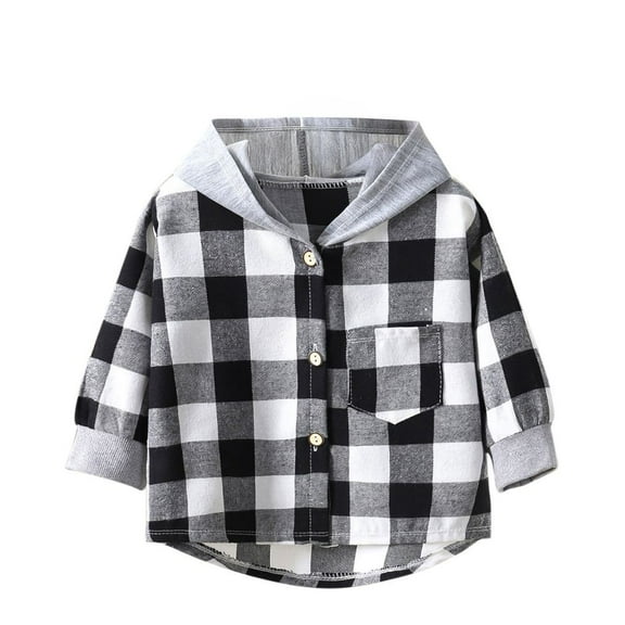 GYRATEDREAM Toddler Boys Girls Flannel Hoodies Button down Long Sleeve Jacket Plaid Shirt Unisex Outfits Kids Fall Winter Clothes Black Gray for 3-14Y