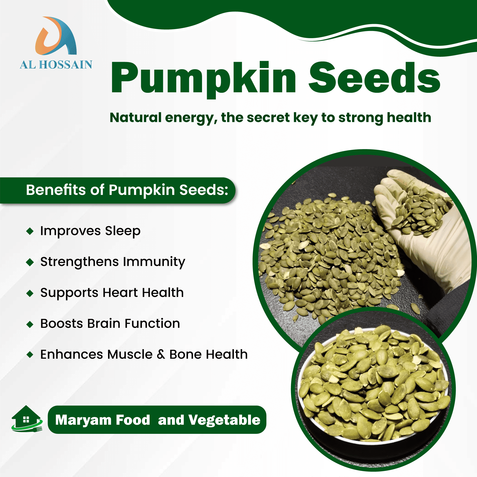 Al Hossain Indian Natural Whole Pumpkin Seeds – Bulk 11 LB/ 5kg (176 oz) Allergy-Free. Healthy Protein-Packed Superfood Snack.