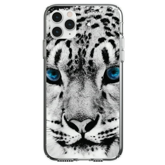 DistinctInk Clear Shockproof Hybrid Case for iPhone 11 (6.1" Screen) - TPU Bumper, Acrylic Back, Tempered Glass Screen Protector - Snow Leopard Blue Eyes - Animal Print