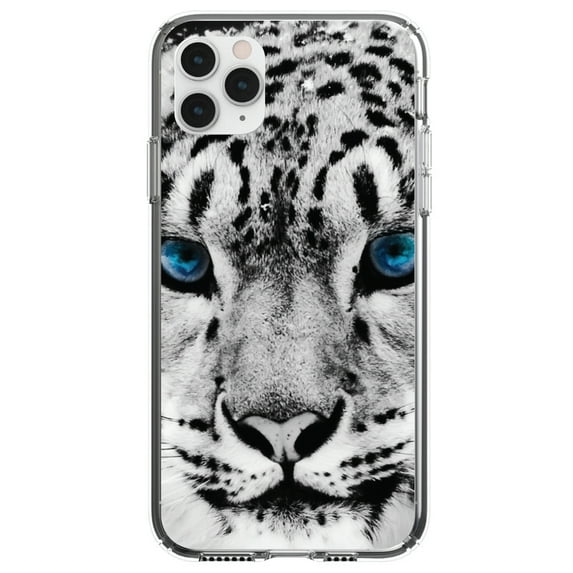 DistinctInk Clear Shockproof Hybrid Case for iPhone 13 PRO (6.1" Screen) - TPU Bumper, Acrylic Back, Tempered Glass Screen Protector - Snow Leopard Blue Eyes - Animal Print