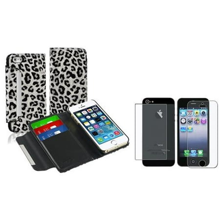 Insten White/ Black Leopard Wallet Leather Case w/ Card Holder w/ 2 LCD Kit (Front & Back) Anti-Glare Cover for iPhone 5