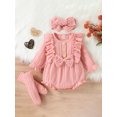 thumbnail image 2 of Baby Sweetie Newborn Girls 3Pcs Outfits, Long Sleeve Button Front Ruffle Romper + Socks + Headband Fall Winter Outfits, 2 of 9