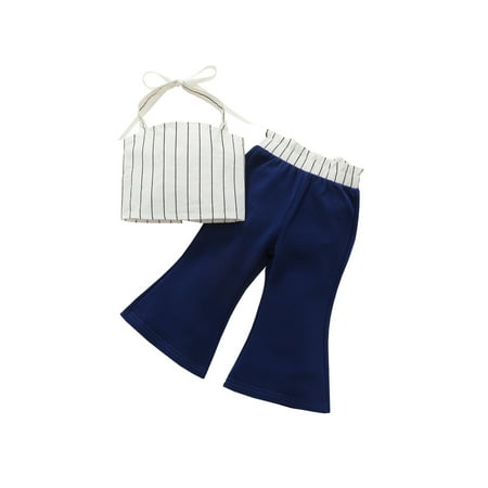 

Binpure Little Girl Pants Set Patchwork Solid Color Pants Stripe Neck Hanger Back Cross Strap Camisole Kids Clothing
