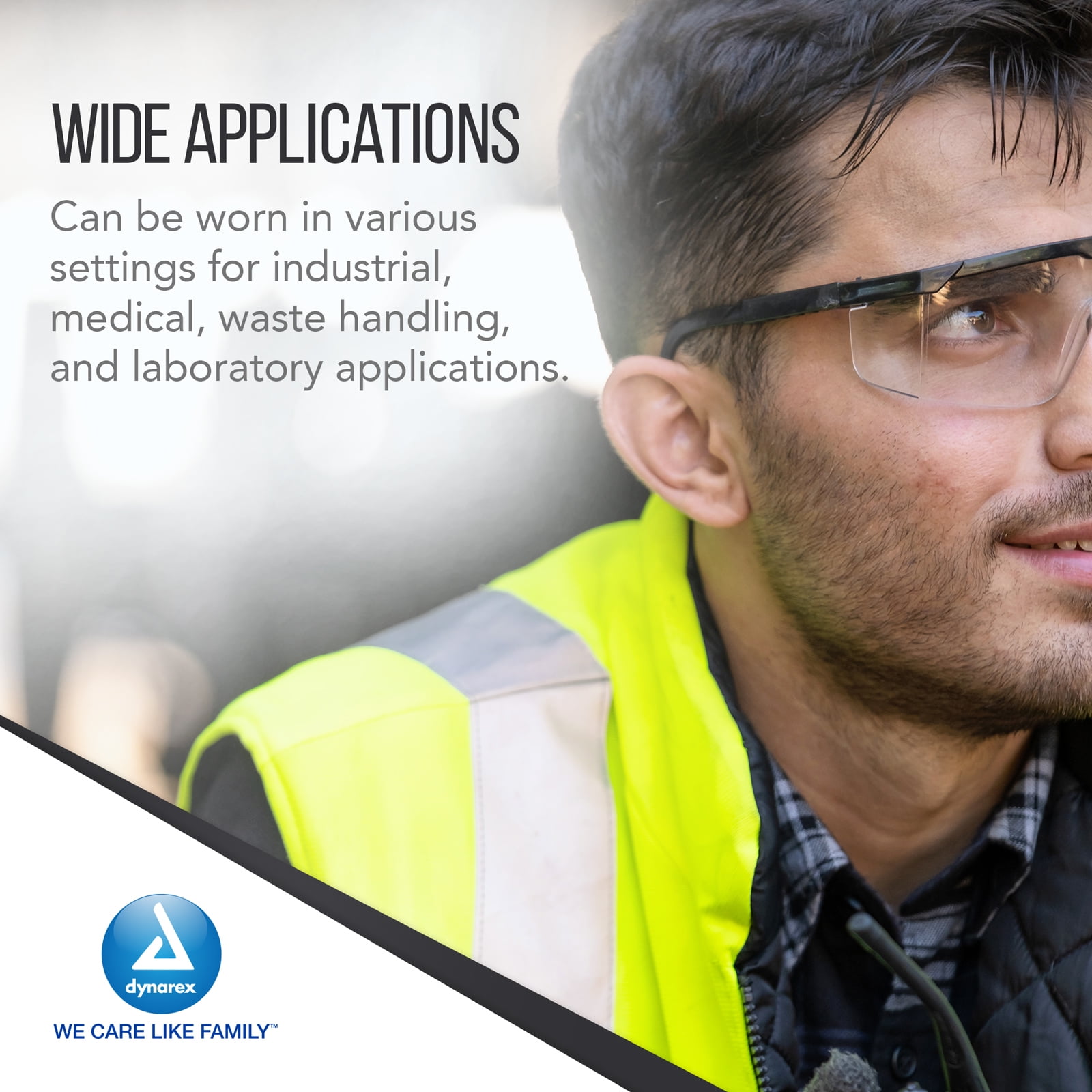 Dynarex Safety Glasses - Eye Protection for Medical, Dental, Lab Use - Wraparound Frames, Wide-View Optical Lens, Short Side Shields - Black, 50-Count
