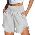 thumbnail image 3 of Women's Solid Color Casual High-Waist Elastic Waist Pocket Shorts with Ruffled Wrap Detail, Soft Polyester Shorts for Women, Summer Beach Vacation Outdoor Yoga Workout | UKHCCC,White L, 3 of 8