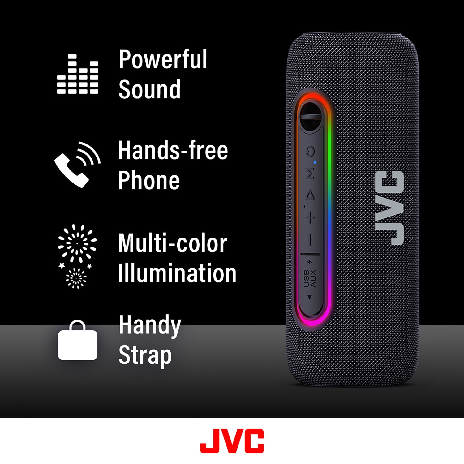 JVC Illuminated Portable Wireless Speaker with 20W max outputs, Dynamic Sound, Bluetooth 5.0, TWS Capability, USB-C, IPX5, AUX in, up to 5-Hour Battery Life - SPPA5BTB (Black)