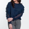 thumbnail image 2 of Elsie & Zoey Beckett Deep Blue Ruffle Long Sleeve Crew Neck Blouse for Women, 2 of 8