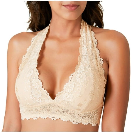 

Molutan Floral Lace Halter Bralette for Women Wireless Bra Lingerie with Removable Padded Halter Crop Top(White M）