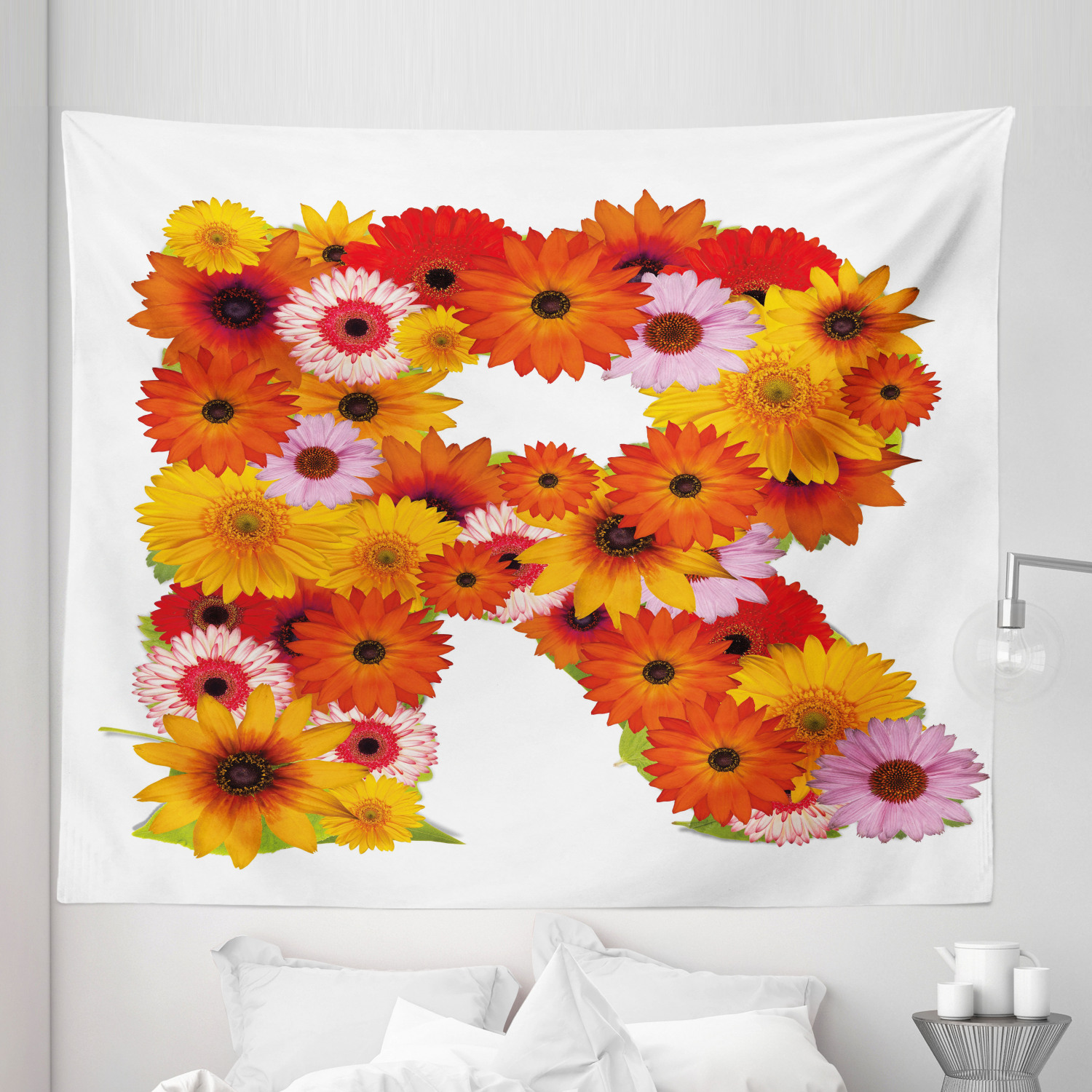 Decorative R Flower Letter R Tapestry, Gerbera Daisies Abloom in R Shape Summer Time ...