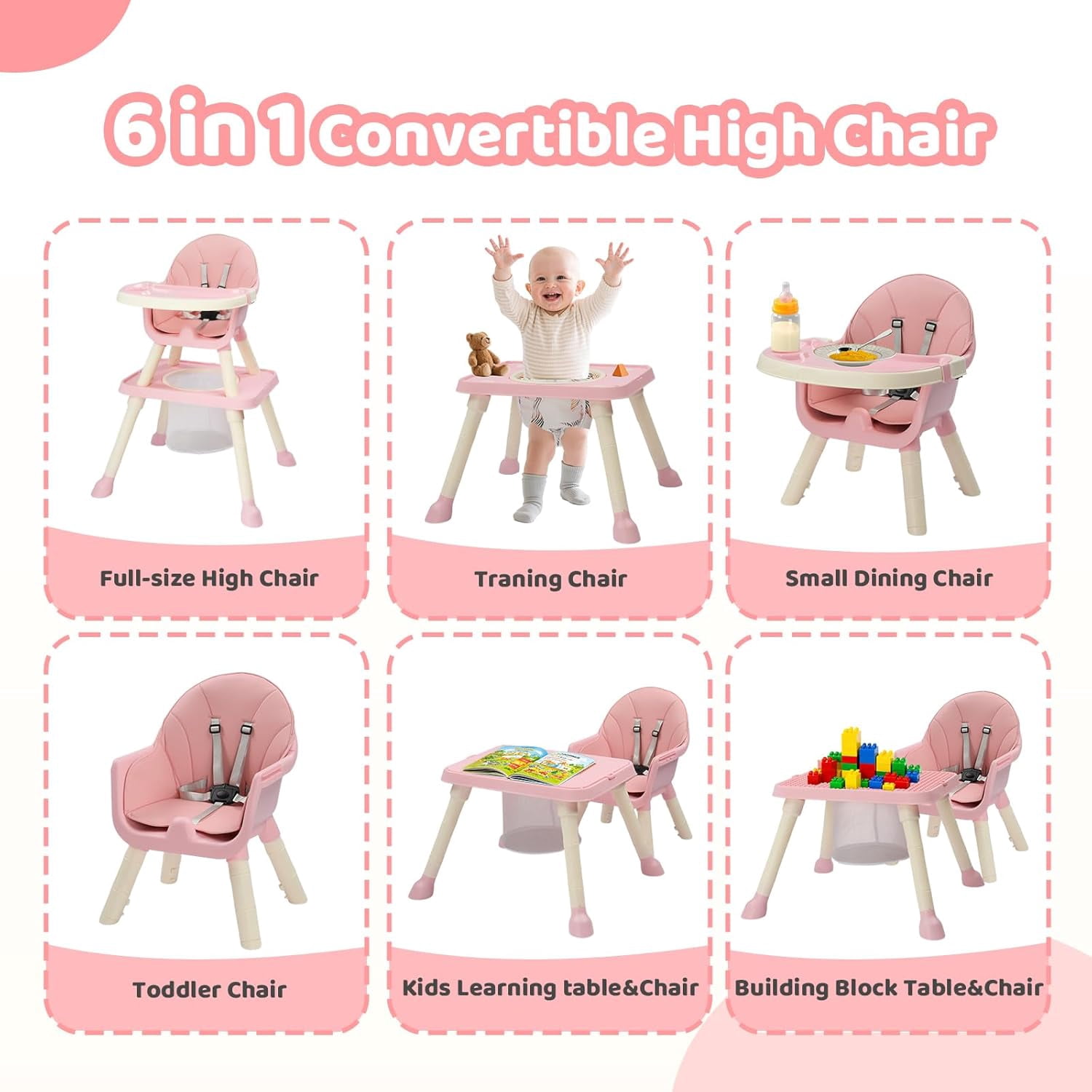 Zimtown Baby High Chair, 6 in 1 Convertible High Chairs for Babies and Toddlers, Portable Feeding Chair with 5-Point Safety Harness, Adjustable Dining Tray, Pink