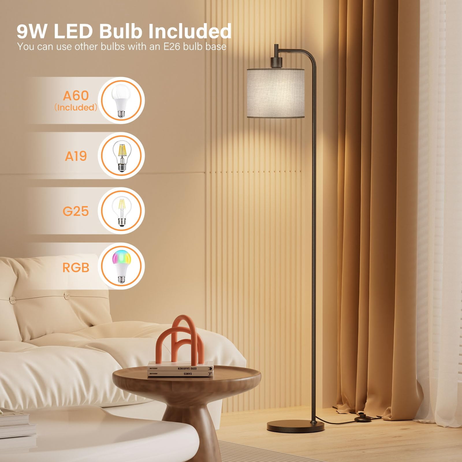 Gray Linen Shade Dimmable Modern Floor Lamp For Living Room Bedroom Office