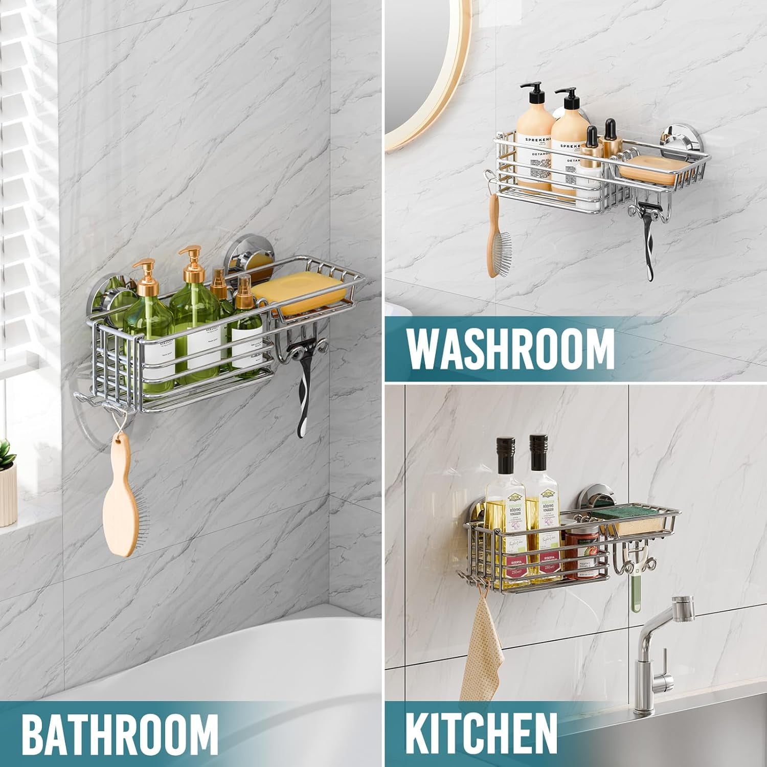 Shower Caddy Suction Cup with Hooks & Soap Holder, Heavy Duty Bathroom Shower Organizers, Removable Bathroom Shelves for Inside,Stainless Steel Holder Organizer-Silver