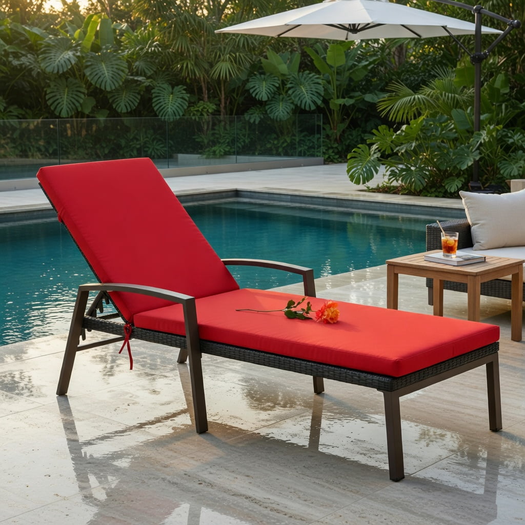 Hommoo Outdoor Rattan Chaise Lounge Chair with 5-Position Adjustable Backrest, Cushioned Patio Recliner, Weather-Resistant Steel Frame, Red