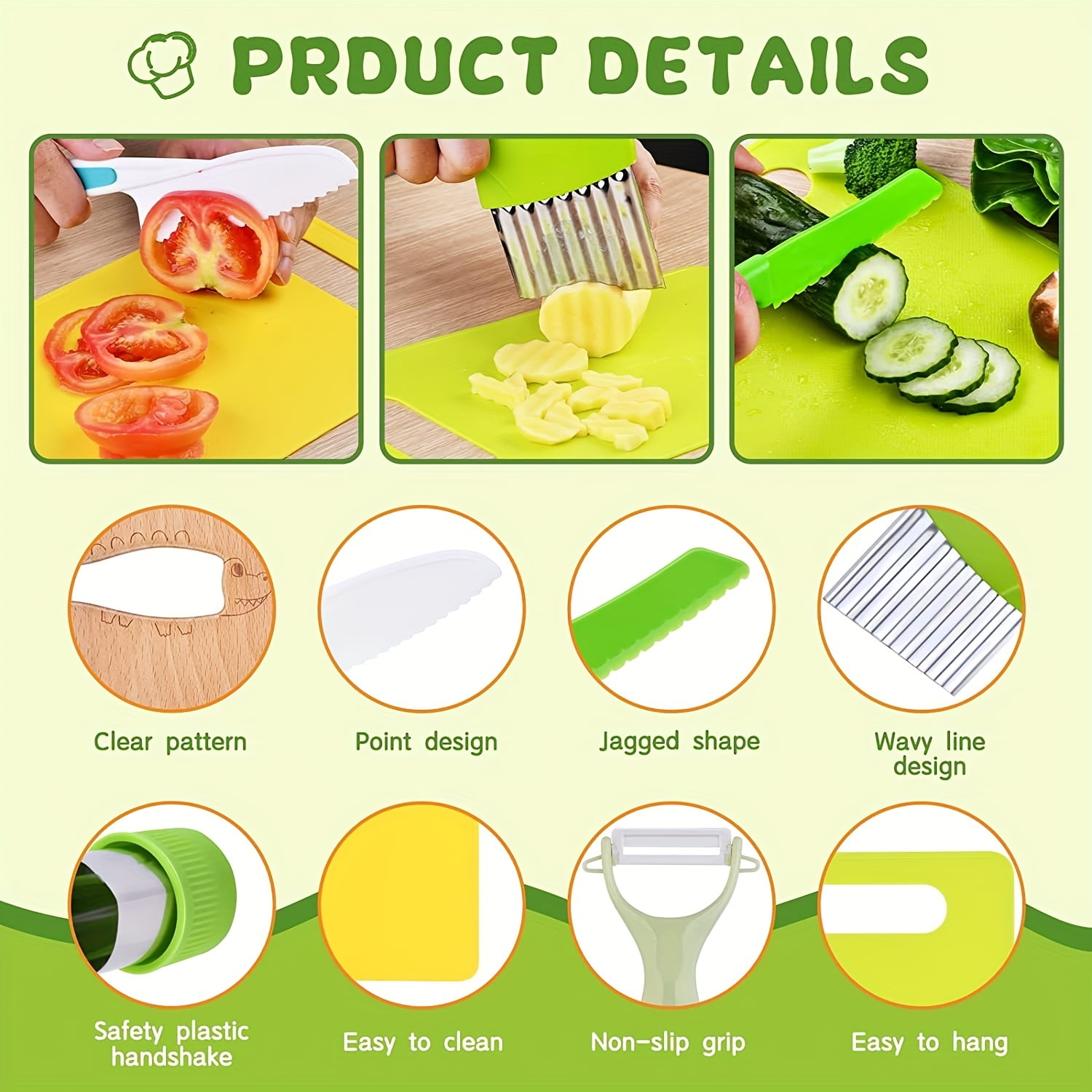 13 Pieces Montessori Kitchen Tools for Toddlers-Kids Cooking Sets Real-Toddler Safe Knives Set for Real Cooking with Plastic Toddler Safe Knives Crinkle Cutter Kids Cutting Board