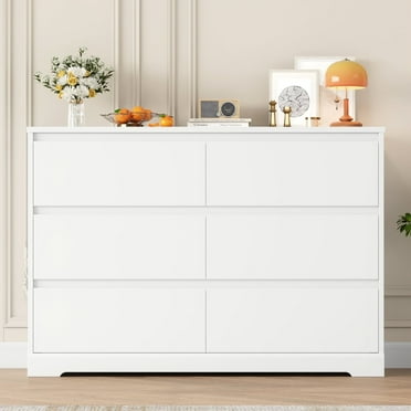 Homfa 6 Drawer Double Dresser for Bedroom, Modern White Dresser Chest with Large Storage Drawer for Living Room Entryway