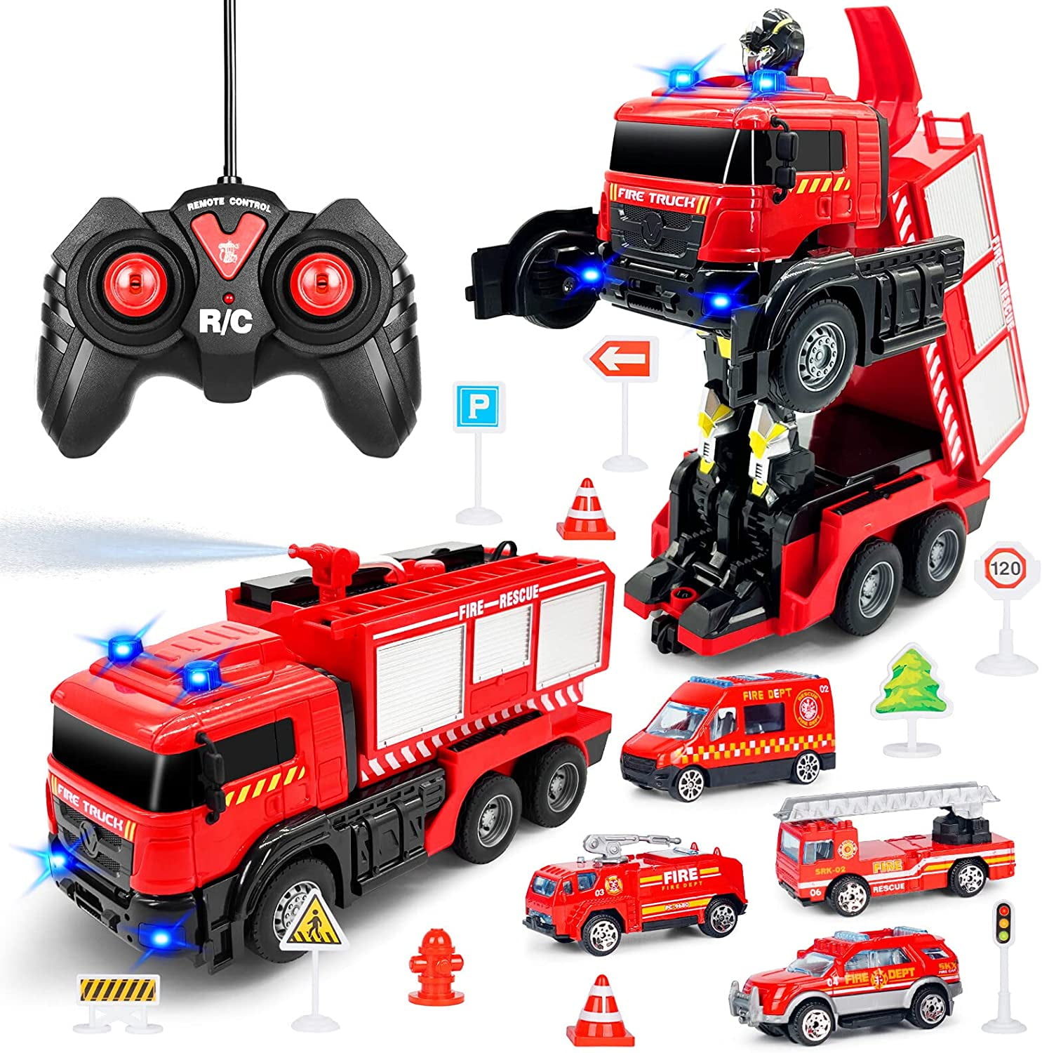 Remote Control Fire Truck with Led Sounds,RC Fire Truck Car Toy with
