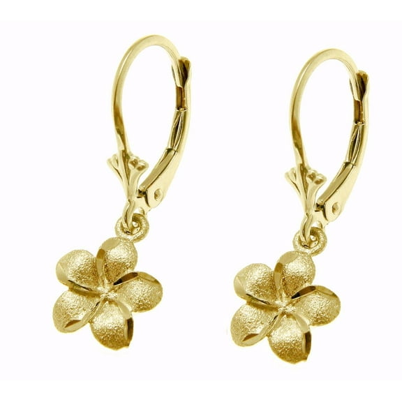 14K solid yellow gold Hawaiian 9mm plumeria flower dangling leverback earrings