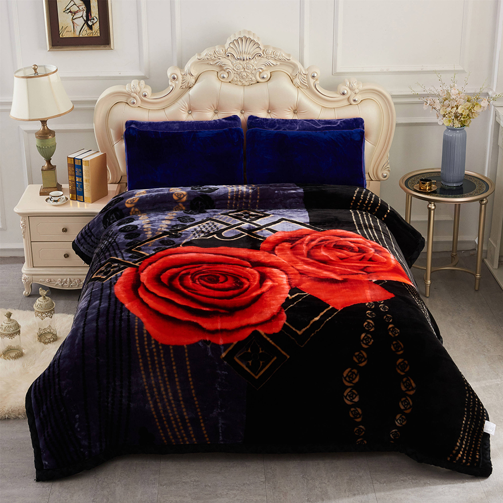 10lbs Heavy Thick A&B Pattern Blanket 2Ply Reversible - Thick Warm Plush Korean Style Bed Blanket, King Size Fleece Plush Blanket, Soft Winter Blanket For Adult 87" x 95", Black Rose